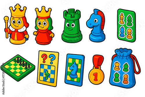 Kids' Chess Set. Isometric vector illustration set Chess for kids: cartoon king, cartoon queen, cartoon rook, cartoon bishop,