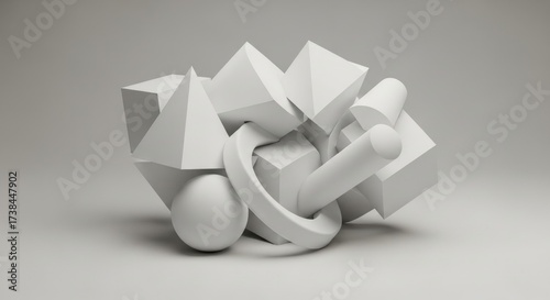 Abstract geometric composition of white shapes including cubes, pyramids, cylinders, and spheres isolated on white background a modern and minimalist design