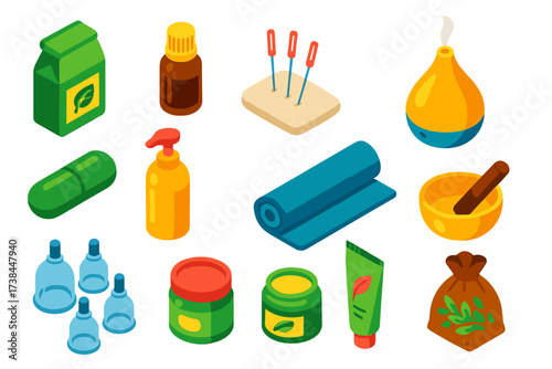 Alternative Medicine Icons. Isometric vector illustration set Alternative medicine: herbal tea pack, essential oil bottle,