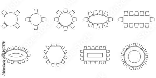 Seat plan icon set, Home, restaurant, seminar, conference, top view, chair and table, architectural plan with blueprint, customizable stroke, vector, illustration
