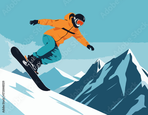 Snowboard rider jumping on mountains Extreme snowboard freeride sport image vector.