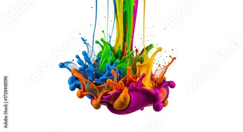 A vibrant explosion of colorful paint streams downwards, creating a dynamic splash of hues and textures, isolated on white background