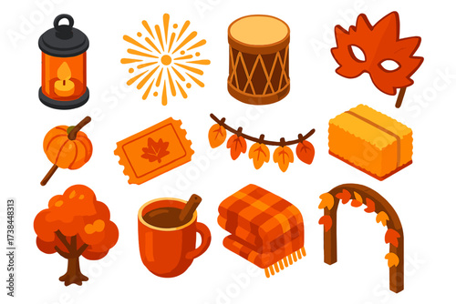 Autumn Festival Icons. Isometric vector illustration set Autumn lights festival: harvest lantern, amber firework, wooden drum,