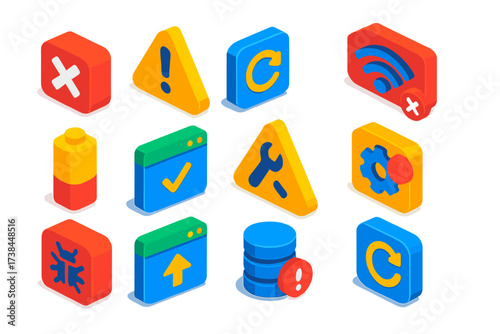 Bold System Alert Icons. Isometric vector illustration set System alerts: critical error icon, security warning, update available,