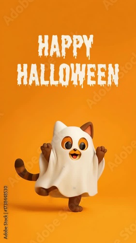 Happy Dancing Cat Dressed as a Ghost Character on an Orange Background. Happy Halloween Animated Wallpaper. Digital Card. Seamless Loop