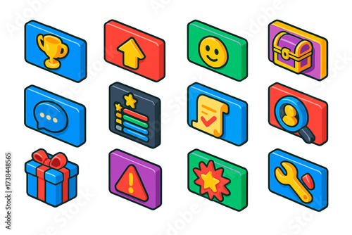 Gaming Notification Icons. Isometric vector illustration set Gaming notifications: achievement unlocked icon, level up alert,