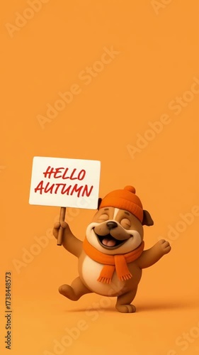  Cute Cartoon Bulldog Wearing a Fall Hat and Scarf Holding a 