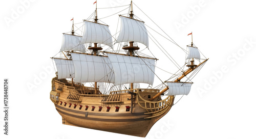 Isolated sailing frigate with intricate wood details and full sails, ready to set sail