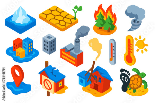 Climate Change Icons. Isometric vector illustration set Climate change impacts: melting iceberg, drought cracked earth, flooded