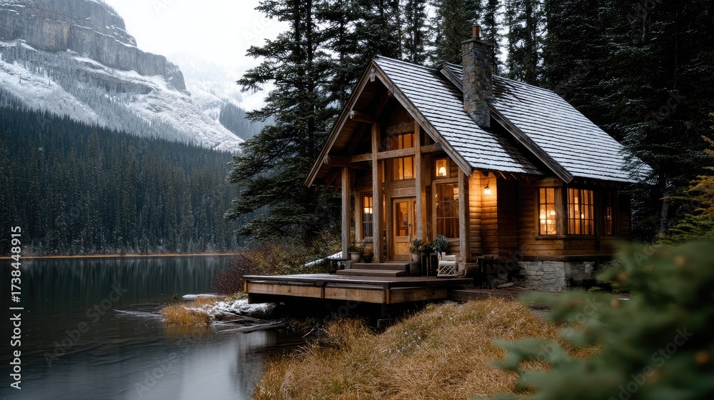 Obraz premium A serene winter scene featuring a calm lake reflecting tall mountains under a starry sky, with a warm cabin glowing softly nearby