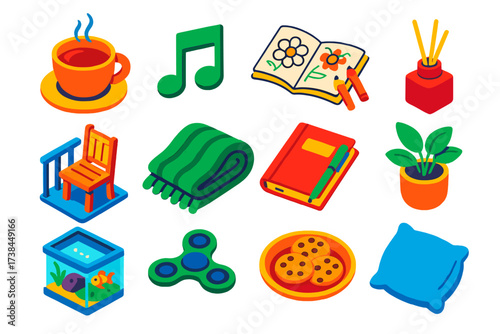 Mindful Break Icons. Isometric vector illustration set Short mental breaks: tea cup, music note icon, coloring book, scented