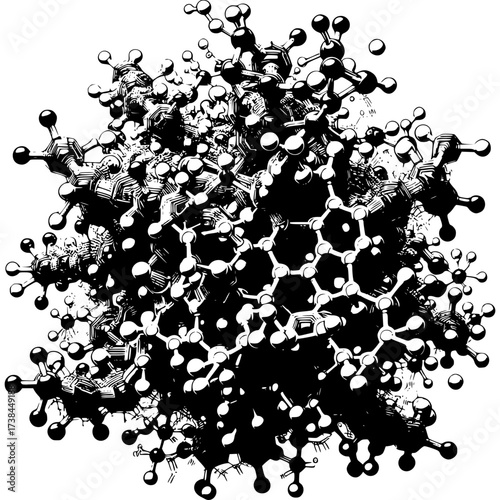 Microscopic Molecular Structure: A high-contrast, close-up depiction of a complex molecular structure, showcasing the intricate interplay of atoms and bonds in a visually striking manner.