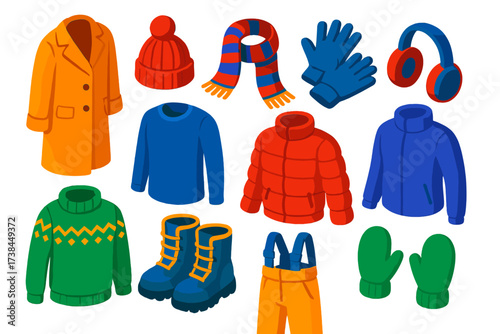 Winter Clothing Icons. Isometric vector illustration set Winter clothing: wool coat, beanie, scarf, gloves, snow boots, thermal