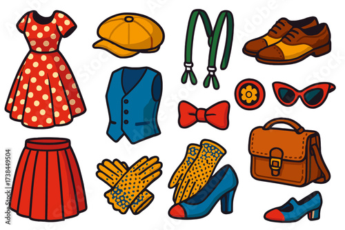 Vintage Fashion Icons. Isometric vector illustration set Vintage fashion: polka dot dress, newsboy cap, suspenders, oxford shoes,
