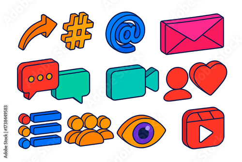 Bold Social Media Icons. Isometric vector icon set content sharing: share arrow, hashtag symbol, mention @, email envelope, chat