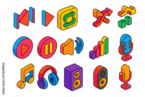 Vibrant Music Icons. Isometric vector icon set music navigation: skip next, skip back, repeat, shuffle, play button, pause, volume
