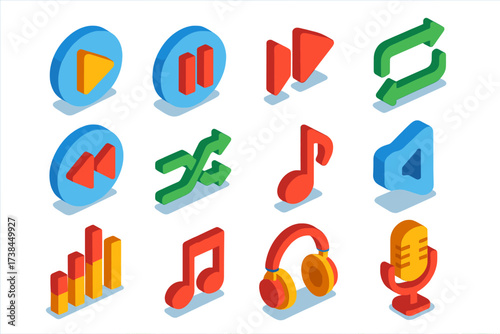 Playback Essentials Icons. Isometric vector icon set playback essentials: play button, pause, skip next, skip back, repeat,