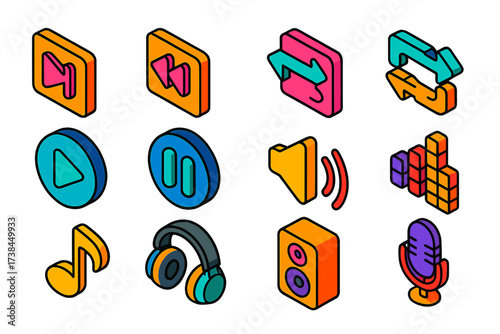 Vibrant Music Icons. Isometric vector icon set music navigation: skip next, skip back, repeat, shuffle, play button, pause, volume