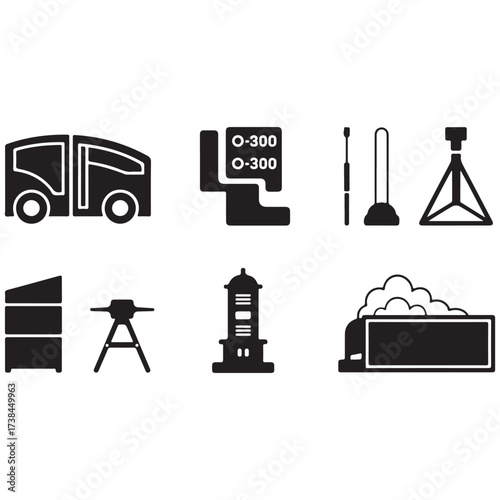 Collection of silhouette icons representing various tools and equipment for home and outdoor use