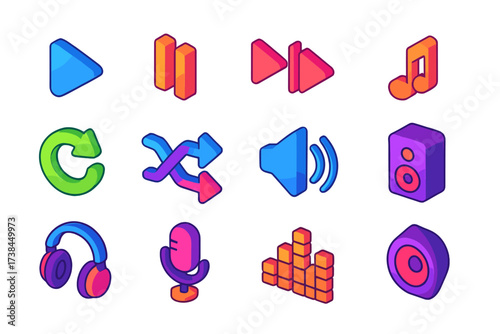 Vibrant Player Controls Icons. Isometric vector icon set player controls: play button, pause, skip next, skip back, repeat,