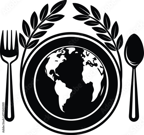 Globe with cutlery on a plate symbolizing global environmental care and eco-friendly dining