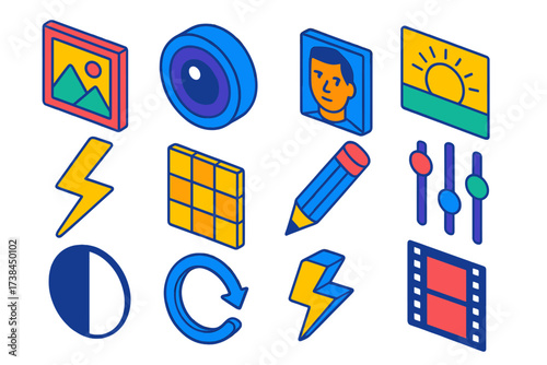 Creative Isometric Icon Set. Isometric vector icon set creative visuals: photo frame, camera lens, gallery mountain, portrait face