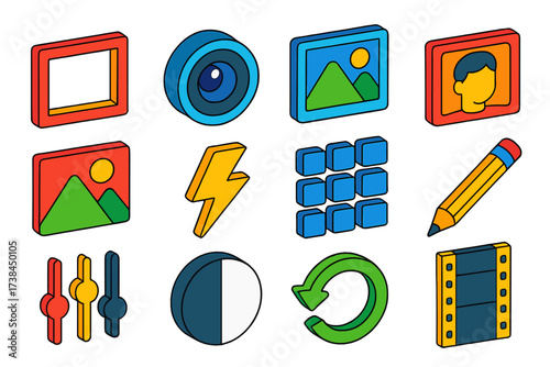 Creative Isometric Icon Set. Isometric vector icon set creative visuals: photo frame, camera lens, gallery mountain, portrait face