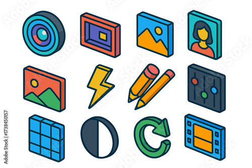 Colorful Camera Icons. Isometric vector icon set camera menu: camera lens, photo frame, gallery mountain, portrait face, landscape