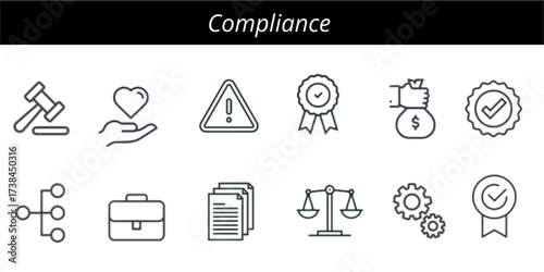 Compliance line editable icon set. Contain icons related to compliance