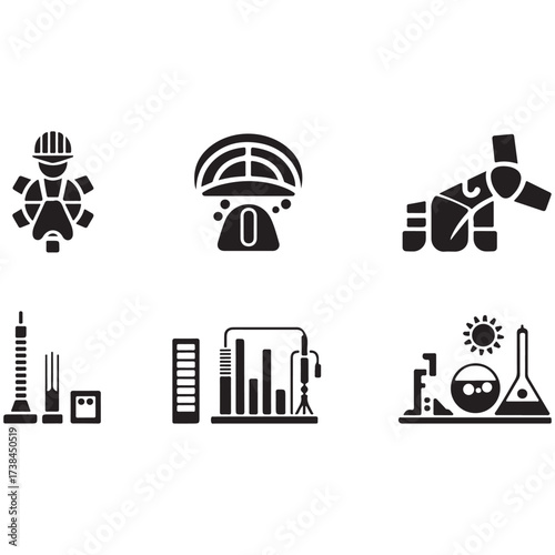 Collection of industrial and scientific icons representing energy production and research