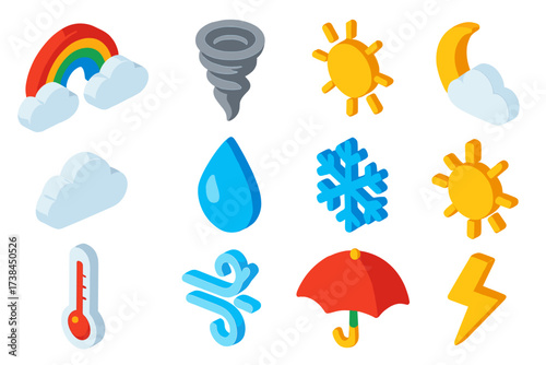 Bold Weather Icons. Isometric vector icon set climate observation: rainbow, tornado, sun, moon, cloud, rain drop, snowflake, wind,