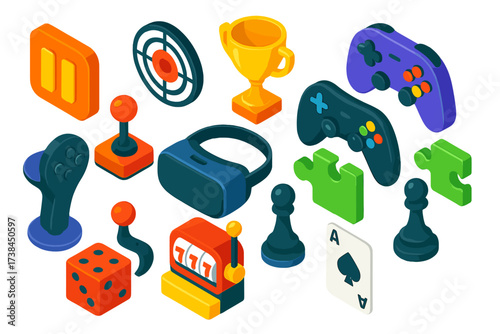 Gaming Icons Collection. Isometric vector icon set gaming modes: pause menu, target, trophy, gamepad, joystick, controller, VR