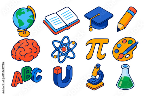 Colorful Learning Icons. Isometric vector icon set universal learning: globe learn, book open, graduation cap, pencil write, brain