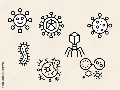 A set of minimal black and white vector icons representing various viruses, bacteria, and microorganisms in a modern scientific line-art style.