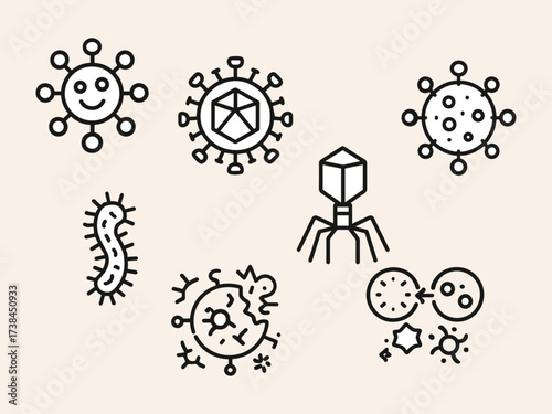 A set of minimal black and white vector icons representing various viruses, bacteria, and microorganisms in a modern scientific line-art style.