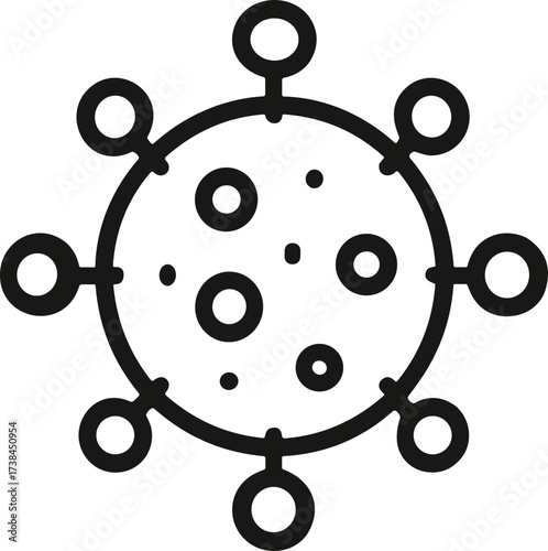 A simple black and white vector illustration of a virus cell with circular structures and connecting nodes, symbolizing microbiology or infection concepts.