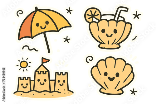 Beach Doodle Stickers. Vector doodle stickers: beach umbrella with face, seashell drinks, sandcastle friends, cheerful doodle