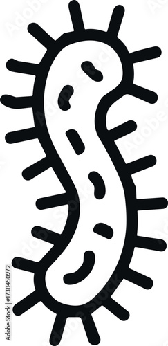A minimal black and white vector illustration of a bacterium with a curved body and spiky outer layer, representing microbiology and microscopic organisms.