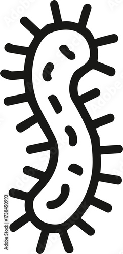 A minimal black and white vector illustration of a bacterium with a curved body and spiky outer layer, representing microbiology and microscopic organisms.