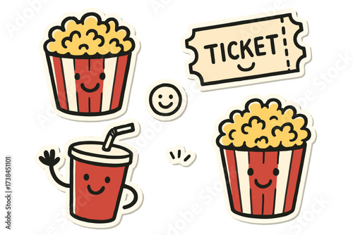 Cheerful Movie Snacks. Joyful doodle stickers: popcorn buckets smiling, movie tickets with faces, soda cups waving, doodle charm,