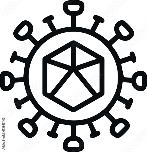 A black and white vector illustration of a virus particle with a geometric core and surrounding protein spikes, representing a microscopic pathogen or biological structure.
