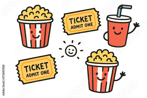 Cheerful Movie Snacks. Joyful doodle stickers: popcorn buckets smiling, movie tickets with faces, soda cups waving, doodle charm,