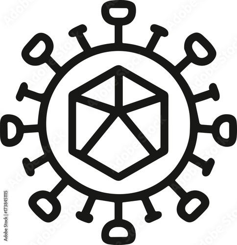 A black and white vector illustration of a virus particle with a geometric core and surrounding protein spikes, representing a microscopic pathogen or biological structure.