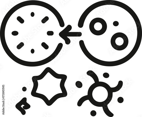 A minimalist black and white vector illustration showing microscopic cellular interaction, symbolizing virus transmission, molecular biology, or immune response.