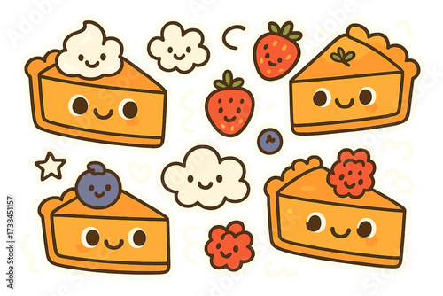 Whimsical Dessert Stickers. Tasty doodle stickers: pie slices with eyes, whipped cream clouds, berry toppings smiling, simplified