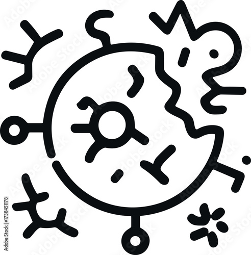 A black and white minimalist vector illustration of a stylized virus cell with branching structures, representing microscopic organisms, infection, or biological research.