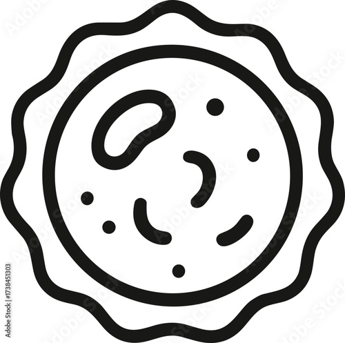 A simple black and white vector illustration of a round microorganism or cell with inner organic shapes, symbolizing biology, bacteria, or microscopic life.