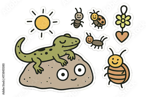 Lizard Sunbathing Doodle. Funny doodle stickers: lizard sunbathing on a rock with eyes, tiny bugs smiling, doodle charm, white