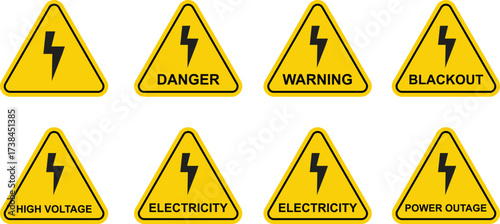 A collection of yellow triangular electricity hazard signs with a lightning bolt symbol and various warning texts.