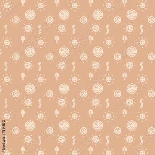 A seamless beige pattern featuring abstract geometric microbes, smiling faces, and organic shapes arranged in a playful minimalist design.